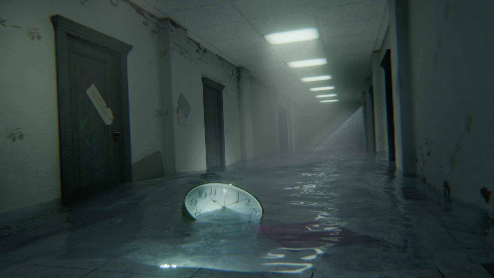Blender 渲染：被水淹没的室内走廊，水面反射与冷调光线