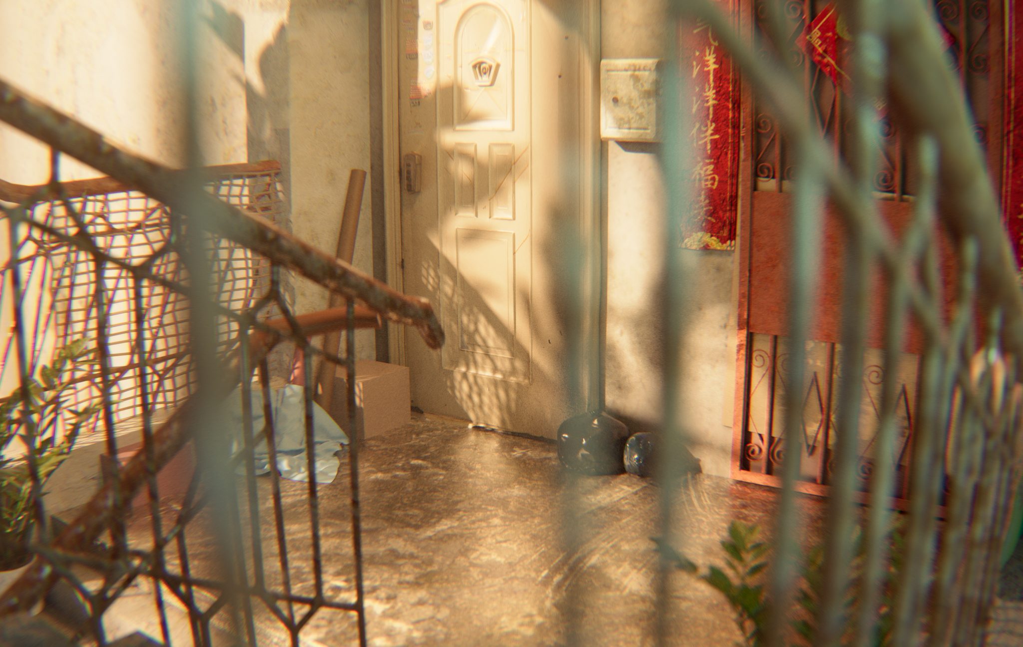 Blender 渲染：老居民楼内部空间，自然光从窗口进入