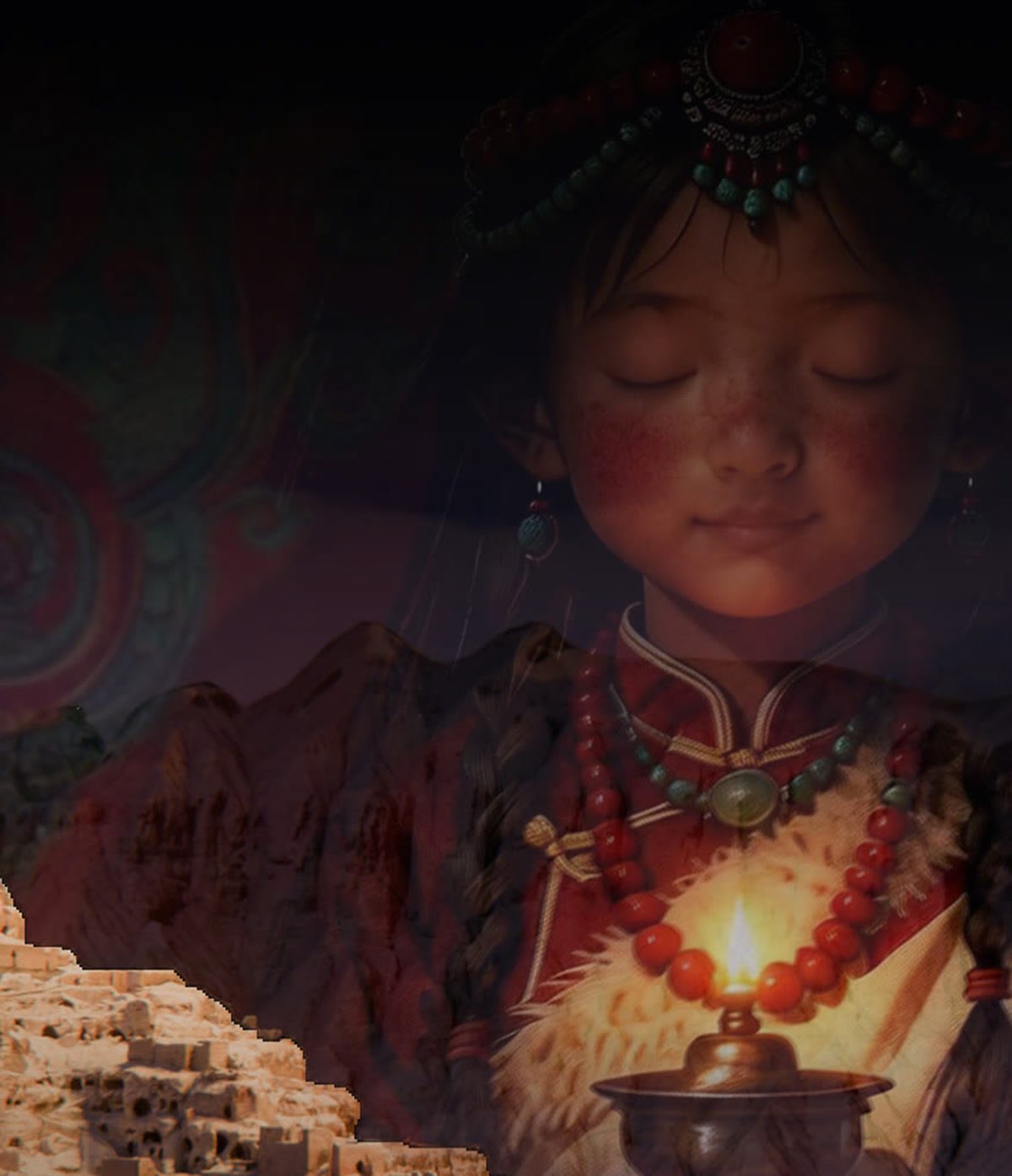 古格王朝遗址土林与主角梅朵：梅朵手持酥油灯的半身像，背景是土林山体与洞窟