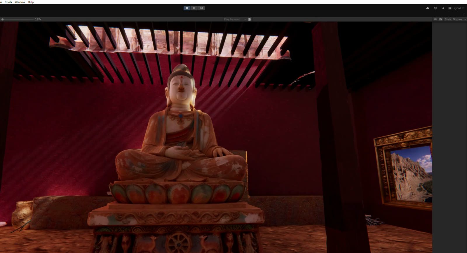 Unity 实时场景：玩家第一人称视角下的红殿内部与壁画