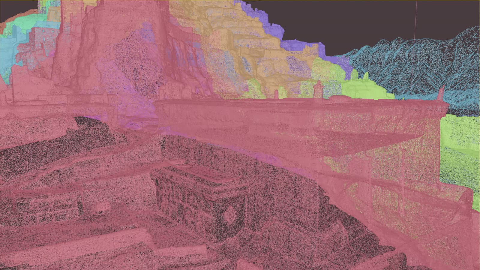 点云彩色分区：地形与建筑被逐块归类（项目实机录屏，6 秒静音循环）